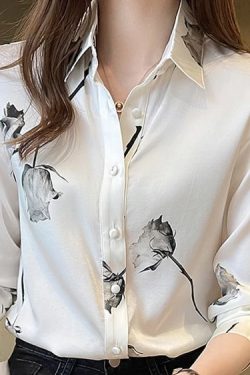 Women's Button Tops Long Sleeve Chiffon Blouse Formal Dress Shirt Floral Print Clothing For Females Work Office Clothes New Soft Silk Like