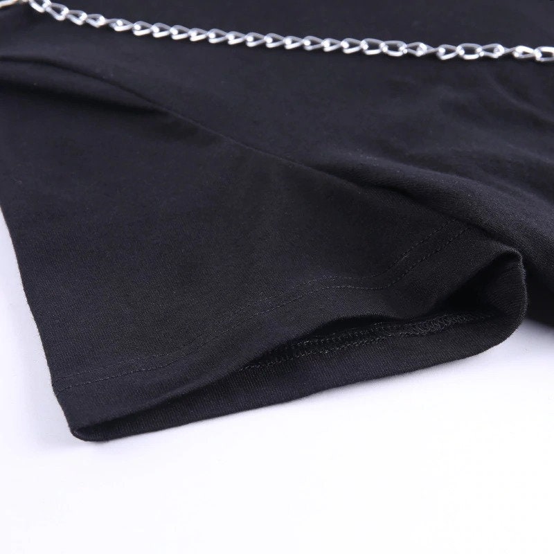Women's Chain & Hollow Out Decorated Sexy Short Sleeve Black Crop Top Streetwear Gothicwear Punkwear Ravewear Harajuku Egirl