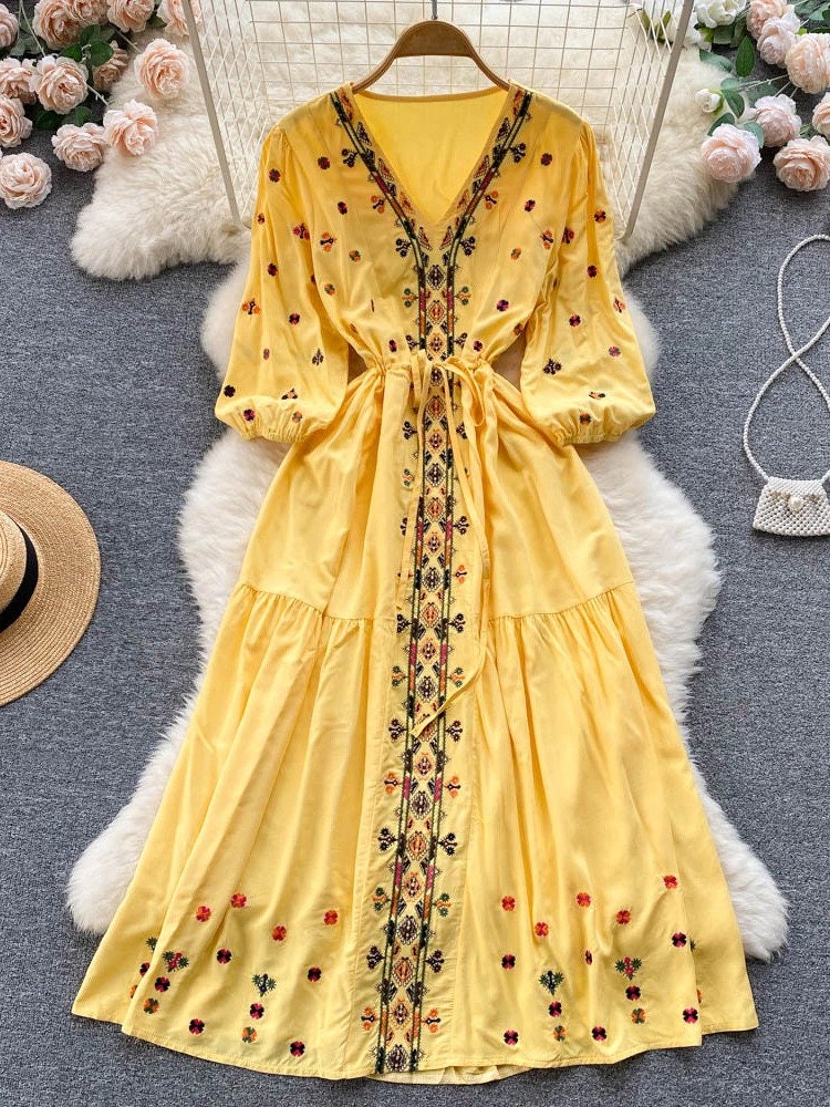 Women's Dress Summer Dress Puff Sleeve V Neck A Line Dress Maxi Dress Long Dress Bohemian Dress Casual Beach Dress