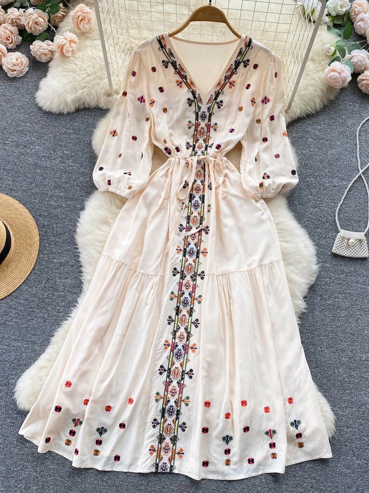 Women's Dress Summer Dress Puff Sleeve V Neck A Line Dress Maxi Dress Long Dress Bohemian Dress Casual Beach Dress
