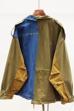 Women's Embellished Denim Jacket Oversized Loose Irregular Stylish Denim Blue Army Green Jean Denim Patchwork Vintage Coat