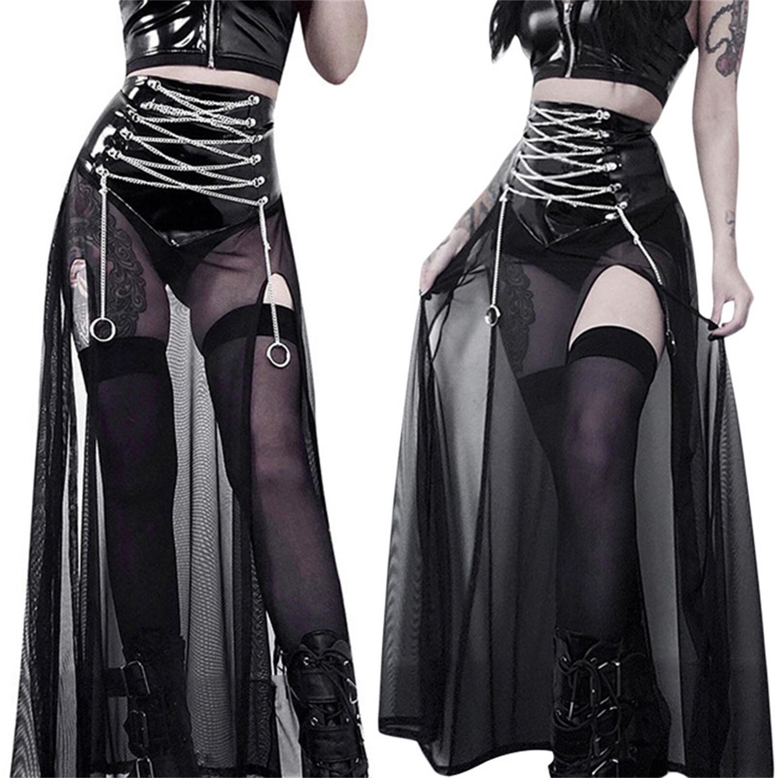 Women's Fashion Gothic Long Skirt Mesh Transparent Cross Necklace Strappy Skirt Summer Dark Style Side High
