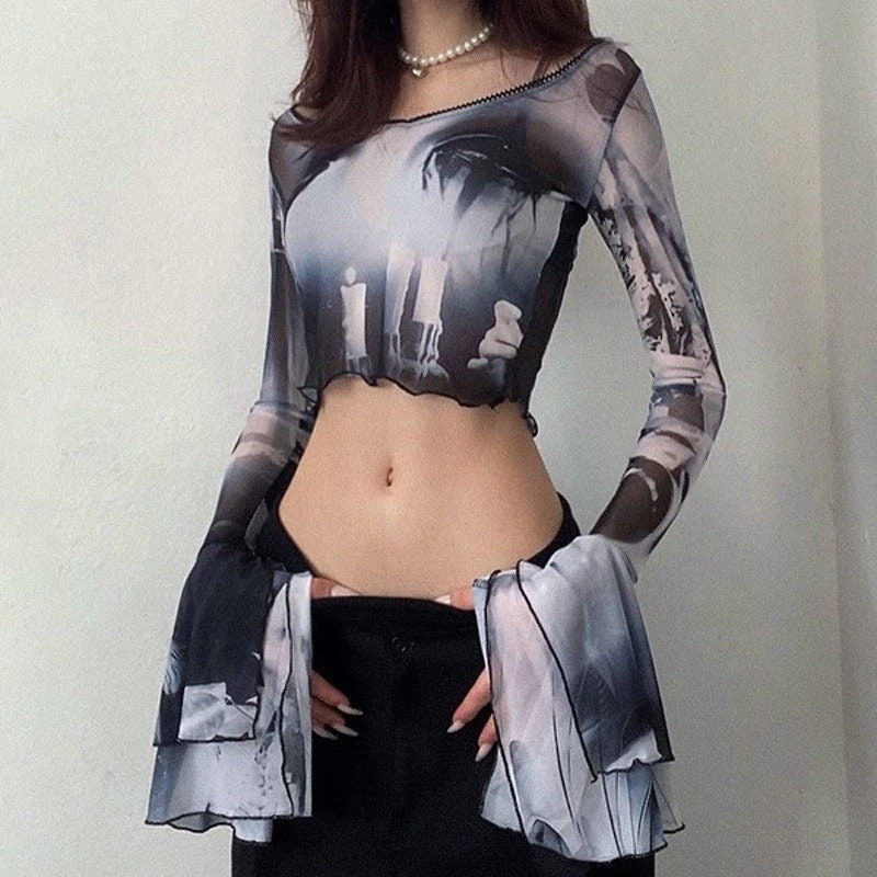 Women's Flare Sleeve See Through Mesh Crop Top Streetwear Gothicwear Punkwear Harajuku Lolita Y2k Fairy Grunge