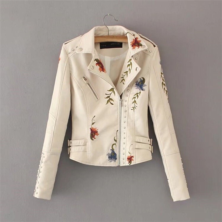 Women's Floral Stylish Embroidered Comfy Leather Jacket