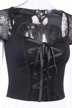 Women's Gothic Mesh Top Goth T Shirt Bodycon Bandage Lace Black T Shirt Gothic Streetwear Sexy Top Mesh Tee