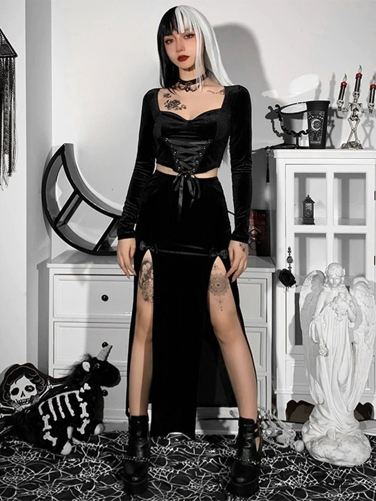 Women's High Waisted Leg Slit Black Velvet Skirt Streetwear Gothicwear Harajuku Korean Lolita Indie Alt