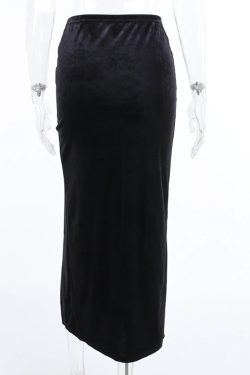 Women's High Waisted Leg Slit Black Velvet Skirt Streetwear Gothicwear Harajuku Korean Lolita Indie Alt