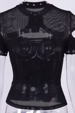 Women's Hollow Out & Spike Designed Short Sleeve Black Fishnet Mesh Tee Top Streetwear Gothicwear Punkwear Ravewear Festivalwear
