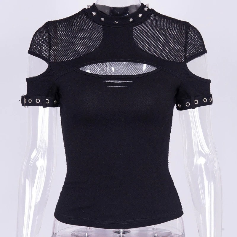 Women's Hollow Out & Spike Designed Short Sleeve Black Fishnet Mesh Tee Top Streetwear Gothicwear Punkwear Ravewear Festivalwear
