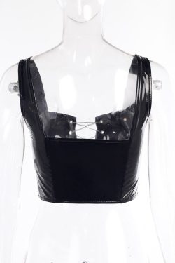Women's Hollow Out Black Pu Leather Crop Top Streetwear Gothicwear Lolita Harajuku Punkwear Fairygrunge Techwear Egirl