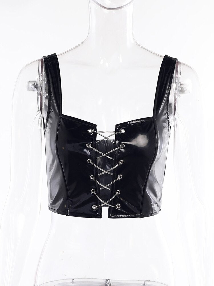 Women's Hollow Out Black Pu Leather Crop Top Streetwear Gothicwear Lolita Harajuku Punkwear Fairygrunge Techwear Egirl