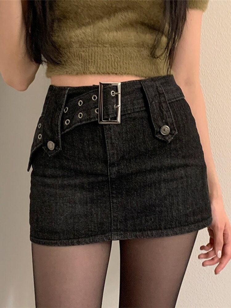 Women's Jeans Skirt Belt Mini Denim Skirt Korean Low Waist Straight Short Skirt Summer Harajuku Sexy Vintage