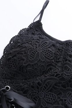 Women's Lace Hollow Out & Sphagetti Strap Sexy Black Bodycon Cami Crop Top Streetwear Gothicwear Ravewear Punkwear Autumnwear 