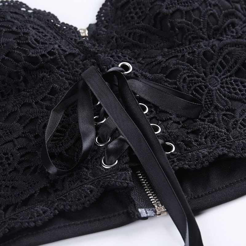 Women's Lace Hollow Out & Sphagetti Strap Sexy Black Bodycon Cami Crop Top Streetwear Gothicwear Ravewear Punkwear Autumnwear