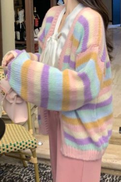 Women's Long Sleeve Oversized Knitted Rainbow Sweater Cardigan Spring And Winter