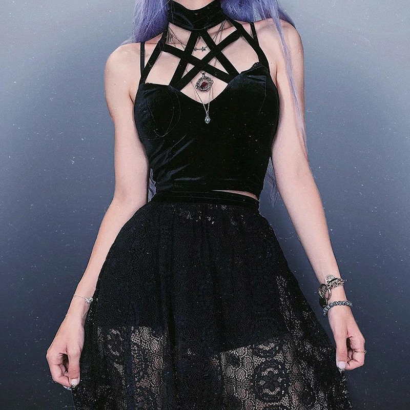 Women's Pentagram & Hollow Out Designed Sexy Black Bodycon Cropped Halter Top Streetwear Gothicwear Punkwear Ravewear