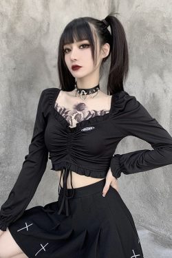 Women's Ruched & Bandage Designed V Neck Sexy Long Sleeve Bodycon Cropped Top Streetwear Gothicwear Punkwear Harajuku Dark Aca