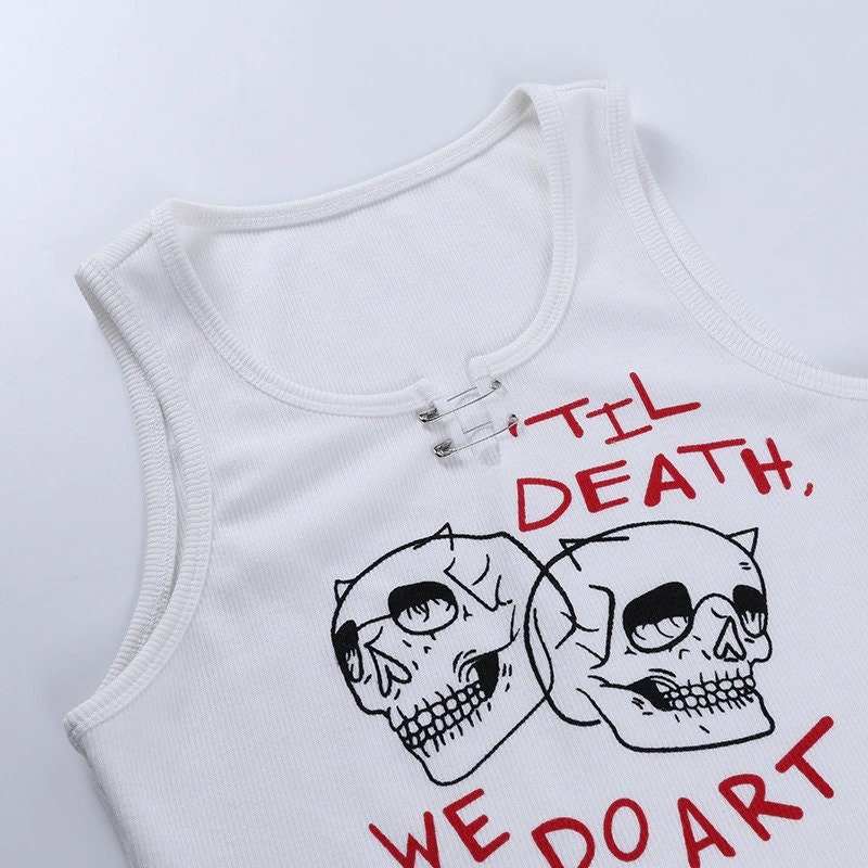 Women's Skull Printed Sleveless Sexy White Cropped Tank Top Streetwear Gothicwear Punkwear Ravewear Retro Grunge Egirl