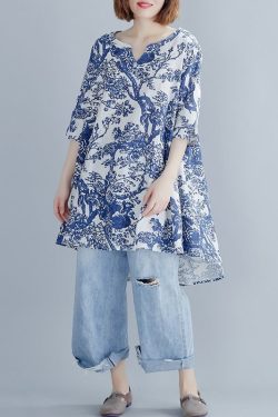 Women's Summer Blouse Floral Blue And White Porcelain Printed Dress With Short Front And Back Long Irregular Mini Dress Small V Neck Blouse