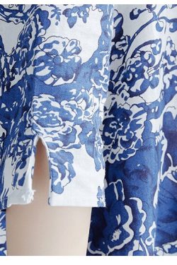 Women's Summer Blouse Floral Blue And White Porcelain Printed Dress With Short Front And Back Long Irregular Mini Dress Small V Neck Blouse