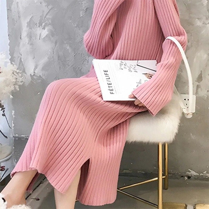 Women's Winter Warm Solid Straight Long Sleeve Commute Sweater Dress Vintage Loose Knee Pregnant