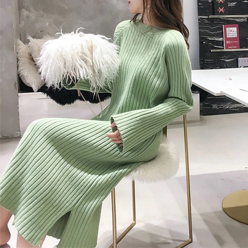 Women's Winter Warm Solid Straight Long Sleeve Commute Sweater Dress Vintage Loose Knee Pregnant