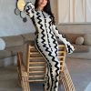 Women Autumn Winter Knitted Maxi Flare Long Sleeve Bodycon Elegant Sexy Cut Out Wave Christmas Party Outfits Dress