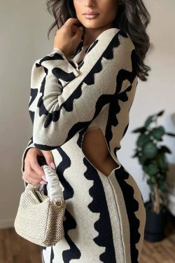 Women Autumn Winter Knitted Maxi Flare Long Sleeve Bodycon Elegant Sexy Cut Out Wave Christmas Party Outfits Dress