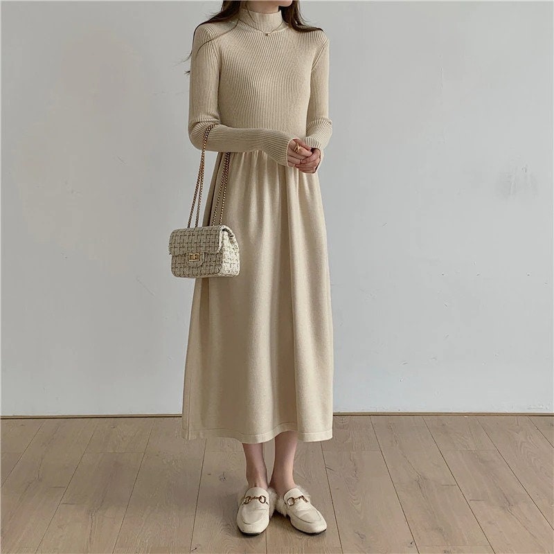Women Autumn Winter Knitted Sweater Party Clothing Half Turtleneck A Line Vintage Casual Loose Warm Dress