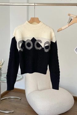 Women Autumn Winter Sweater Contrast Color Vintage Printing Knitwear Jumper Turn Down Collar Loose Long Sleeve Knitted Pullover