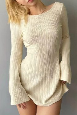 Women Basic Autumn Winter Streetwear Chic Solid U Neck Backless Sexy Mini Dress Y2k A Line Flared Long Sleeves Knitted Dress
