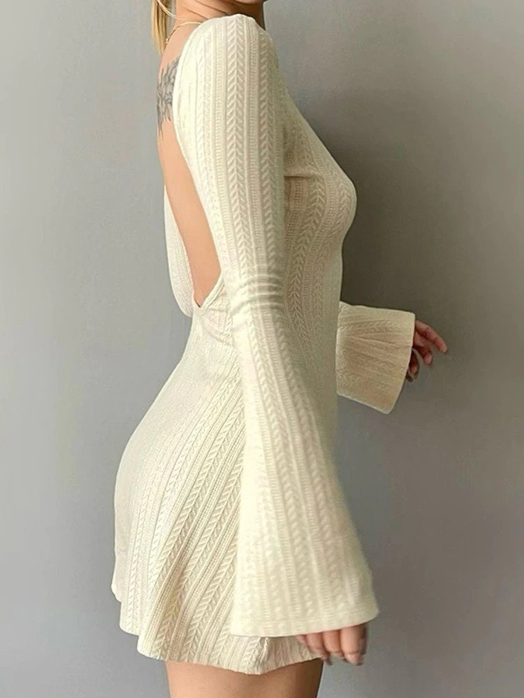 Women Basic Autumn Winter Streetwear Chic Solid U Neck Backless Sexy Mini Dress Y2k A Line Flared Long Sleeves Knitted Dress