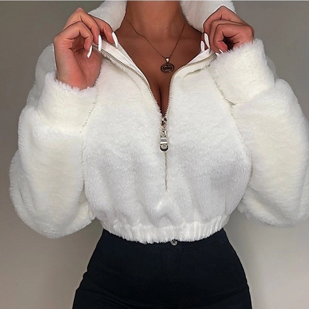 Women Casual Loose Winter Harvest Tops Solid Color Full Stand Neck Long Sleeve Zip Up Sweater Sweatshirt For Girls White