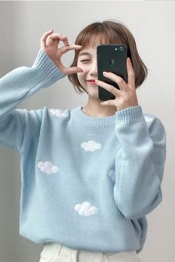Women Cloud Sweater Korean Fashion Clothes Preppy Style Long Sleeve Knit Pullovers Loose Harajuku Sweater Vintage Tops