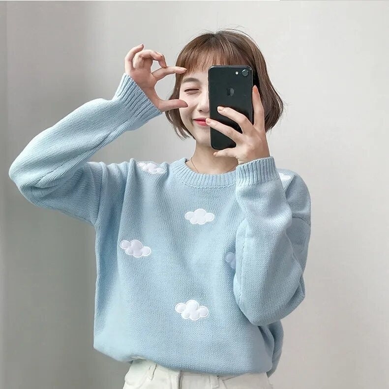 Women Cloud Sweater Korean Fashion Clothes Preppy Style Long Sleeve Knit Pullovers Loose Harajuku Sweater Vintage Tops