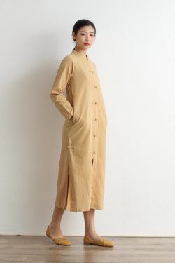 Women Cotton Dress Cardigan Casual Loose Dress Coat Tunics Long Sleeves Robes Maxi Dress Customized Dress Plus Size Clothing Linen