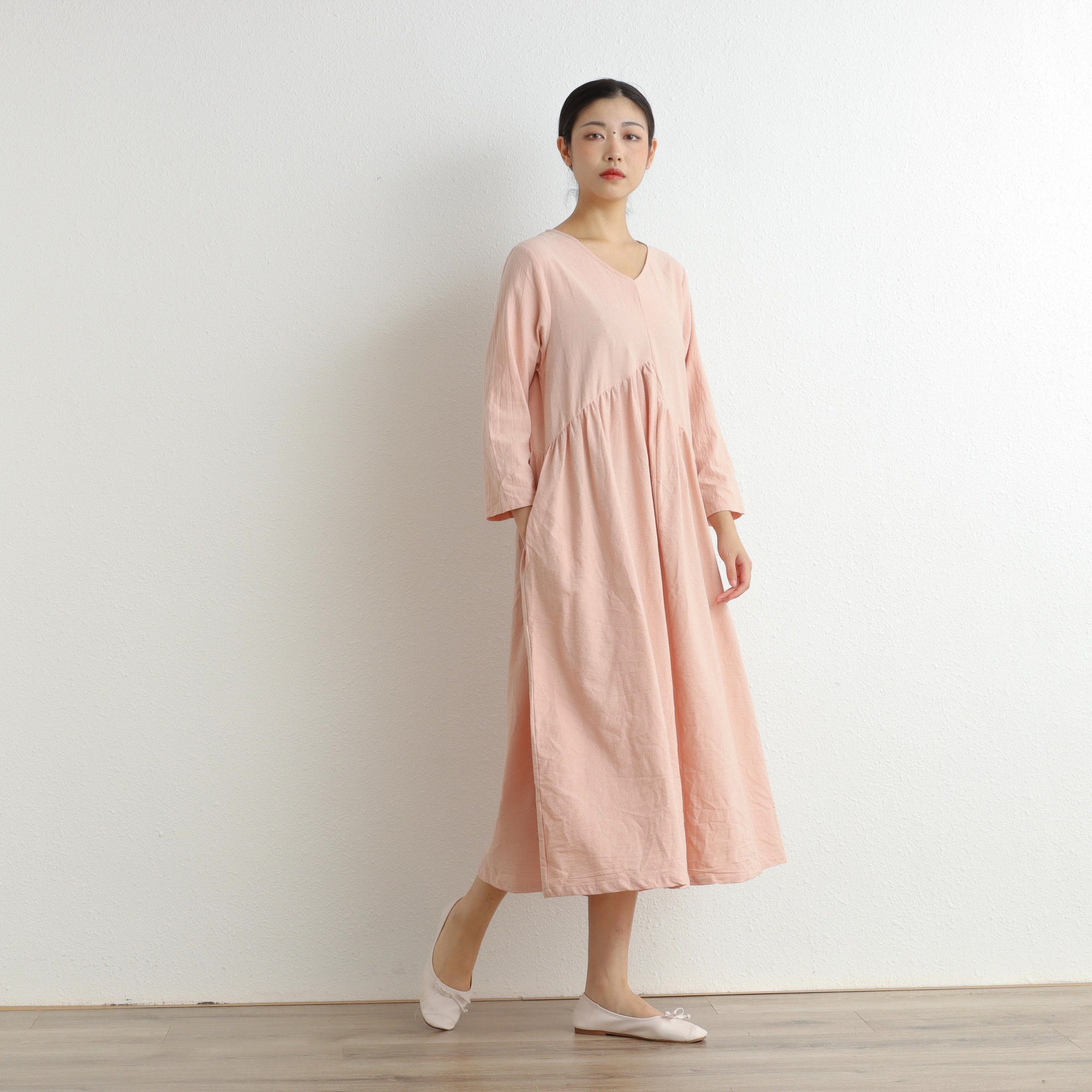 Women Cotton Dress Casual Loose Dress Tunics Long Sleeves Robes Maxi Dress Customized Dress Dress Plus Size Clothing Linen