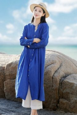 Women Cotton Dress Shirt Casual Loose Cardigan Dress Coat Tunics Long Sleeves Robes Midi Dress Customized Plus Size Clothing Linen Coat