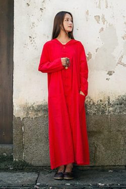 Women Cotton Hooded Dress Coat Long Sleeves Cardigan Shift Dresses Casual Loose Robe Maxi Coat Customized Plus Size Clothing Linen