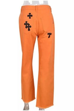Women Cross Embroidery Orange Jeans Low Waist Straight Denim Trousers Female Harajuku Streetwear Pants Y2k Casual Baggy Baggy Cargo Pants