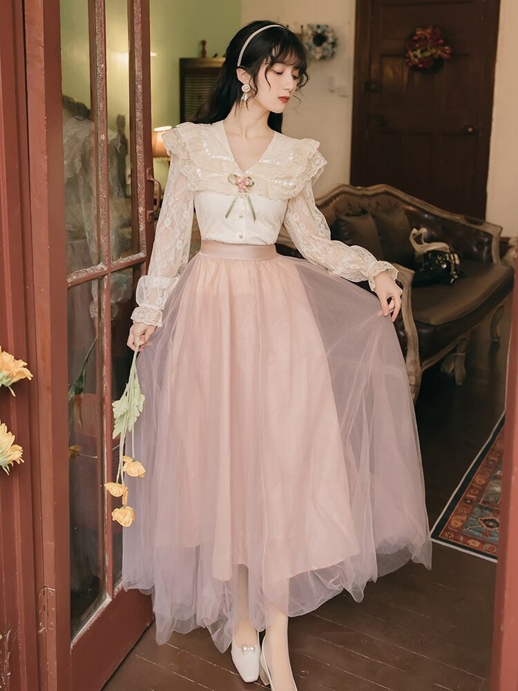 Women Dress Lace Bow Flower Dress Vintage Set Vintage French Dress Vintage Dress 2pcs Set Cottage Core Dress French Dress
