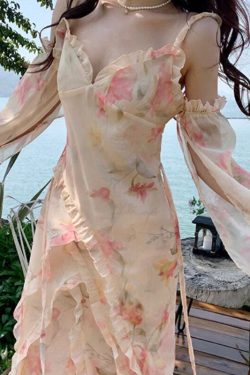 Women Dress Vintage Dress Summer Irregular Dress Ruffle Beach Dress Women Clothings Prom Dress Floral Evening