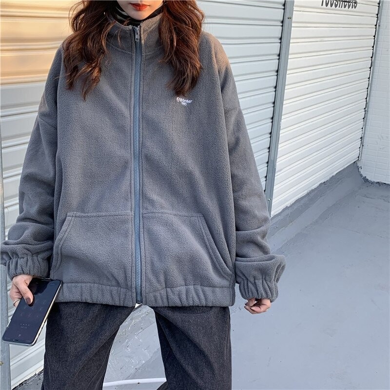 Women Fleece Jacket Women Harajuku Loose Aesthetic Zip Up Pockets Letter Casual Streetwear Teens Trendy Simplyy2k Woman Clothing