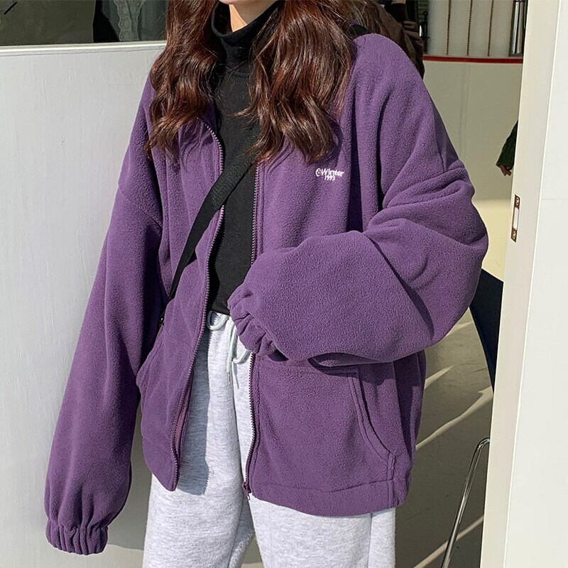 Women Fleece Jacket Women Harajuku Loose Aesthetic Zip Up Pockets Letter Casual Streetwear Teens Trendy Simplyy2k Woman Clothing