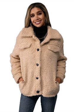 Women Jacket Long Sleeves Jacket Overcoat Jacket Minimalist Sherpa Fleece Fuzzy Coat Autumn Winter Coat Women Clothing