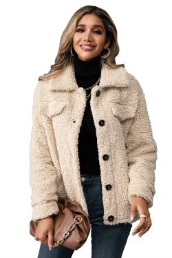 Women Jacket Long Sleeves Jacket Overcoat Jacket Minimalist Sherpa Fleece Fuzzy Coat Autumn Winter Coat Women Clothing