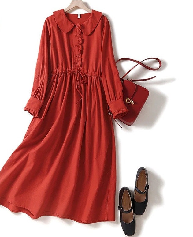 Women Linen Dress Custom Dress Loose Fitting Dress Midi Dress Long Sleeves Dress Midi Dress Causal Linen Dress
