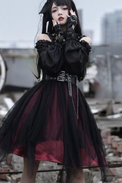 Women Lolita Gothic Dress Girl Ruffle Mesh Puff Sleeve Steampunk Cosplay Irregular Black Vintage Dresses Fashion