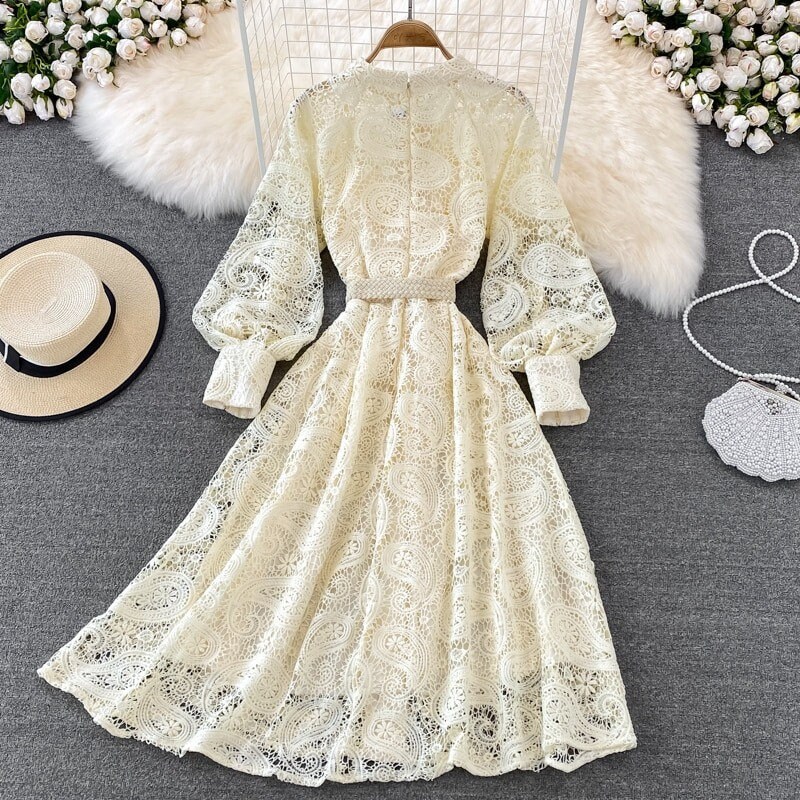 Women Midi Long Puff Sleeve Hollow Out Victorian Fairy Dress Embroidery Lantern Sleeve Bow Sashes Lace