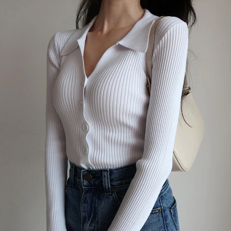 Women New Lapel Slim Slimming Tops Ladies Hollow Buttons Sexy V Neck Long Sleeve Polo Neck Knit Cardigan Sweater Women